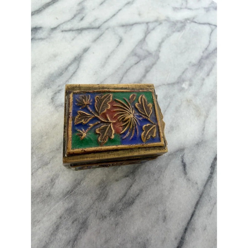 Vintage Chinese Brass Enamel Floral Trinket/Pill/Jewelry Box Champlevé